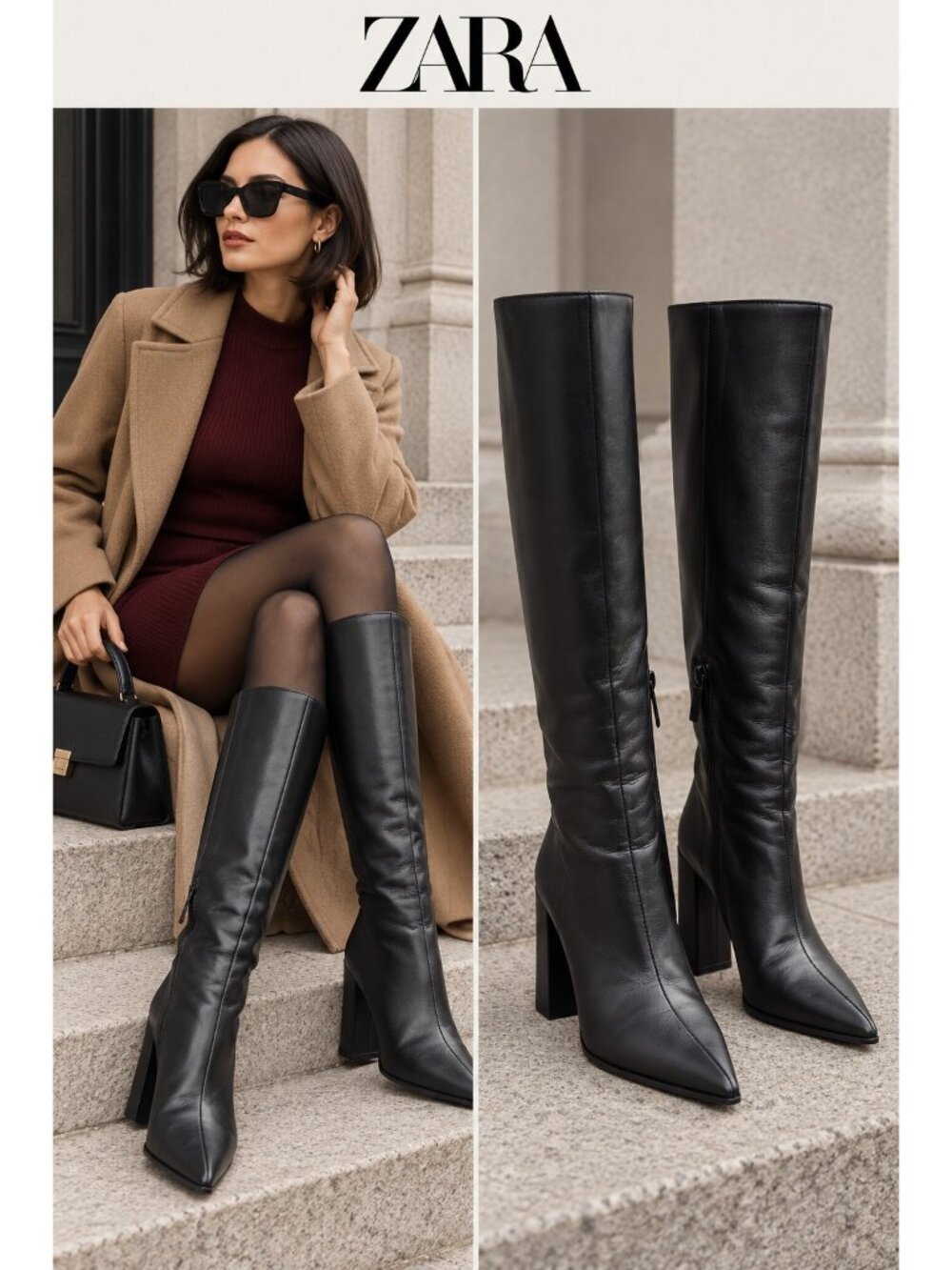 Zara Black Leather Pointed Toe Knee High Block Heel Boots EU 39 US 8.5